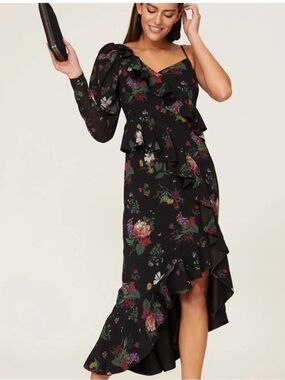 AMUR Pasqualena One Shoulder Dress Sz 8 Black Floral Ruffle‎ Tiered Wedding Prom